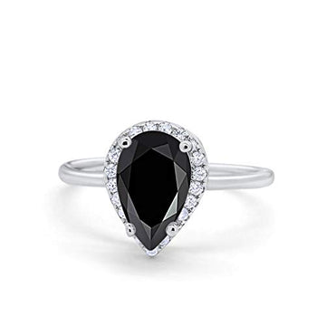 Teardrop Pear Wedding Ring Simulated Black CZ 925 Sterling Silver